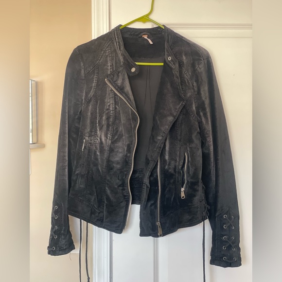 Free People Lacey Velvet Moto Jacket with Lace Detail - Picture 8 of 8